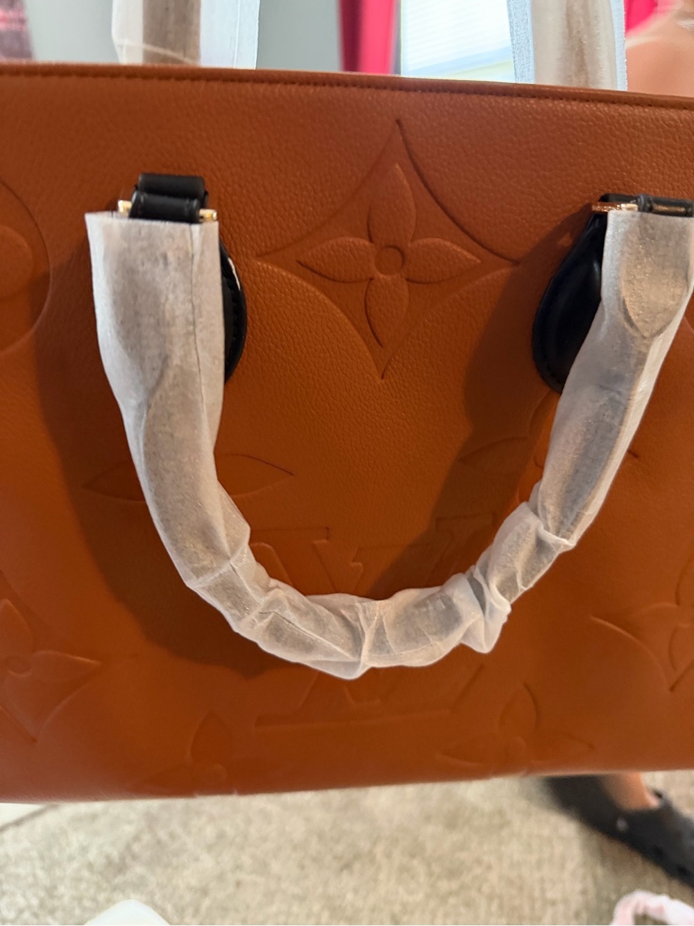 Structured Brown Embossed Tote Bag with Top Handles - Picture 2 of 6